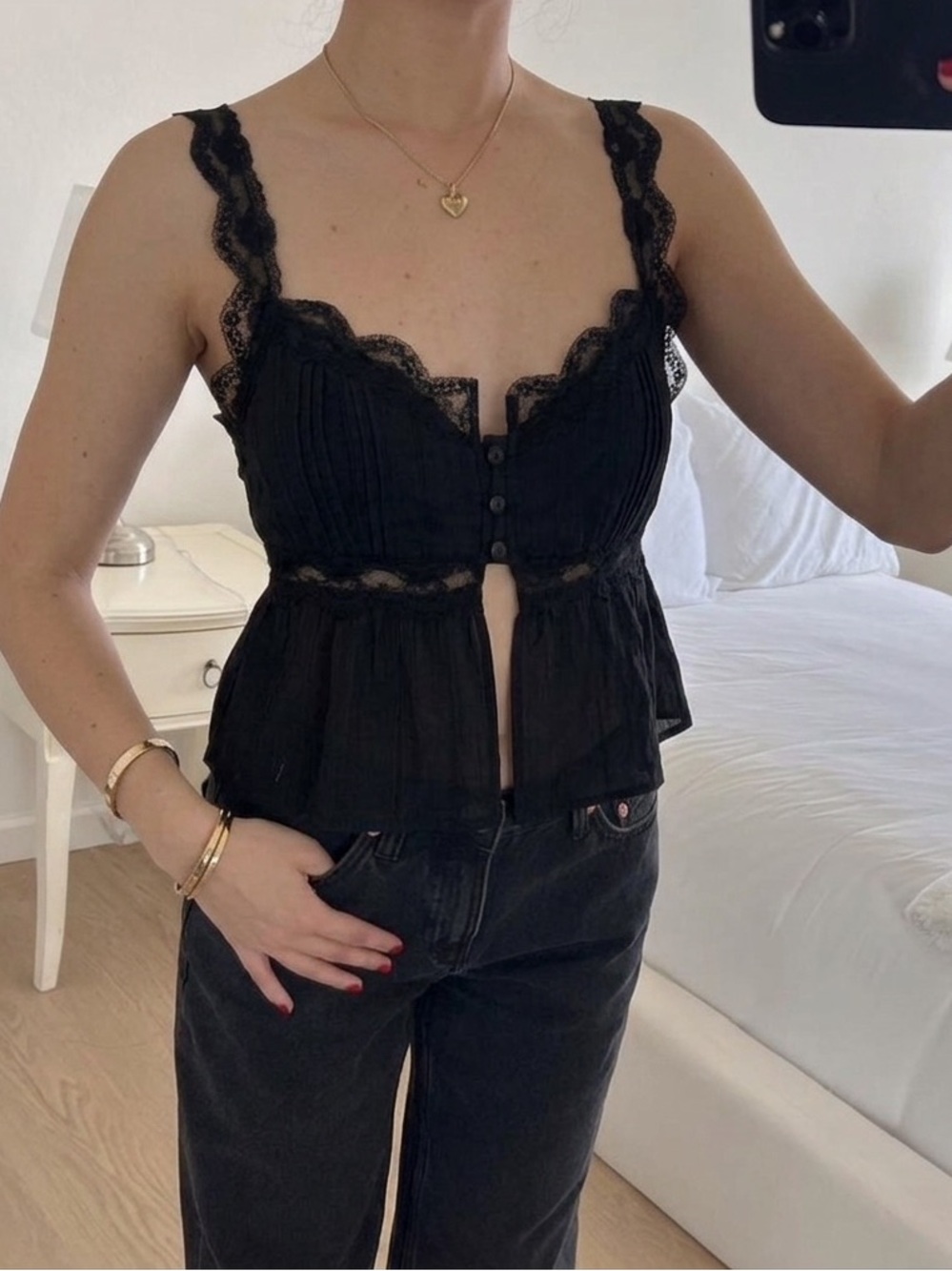 Black Lace Trim Button-Front Cami Top